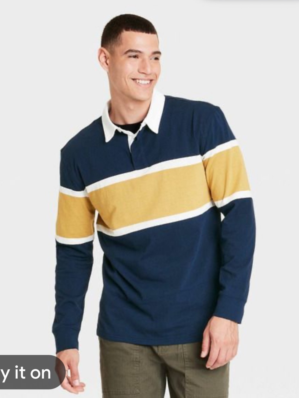 Goodfellow & Co Tan & Navy Long Sleeve Rugby Polo Shirt